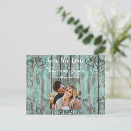 素朴ターコイズ日付の保存 案内ポストカード (スタンド正面)