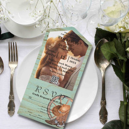 素朴ターコイズ風化木材QRコード写真 オールインワン招待状