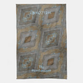 素朴ダイヤモンドパターンエイジングウッドブラウンブルー キッチンタオル (縦)