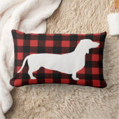 素朴ダシュント犬とバッファローチェックのプレイド ランバークッション (ブランケット)