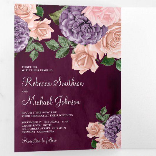 素朴ダスティピープルプルフローラプラム結婚ズ 三つ折り招待状 (内部最初)