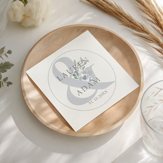 素朴ダスティブルーアンパサンド&フローラ結婚ズ スタンダードカクテルナプキン