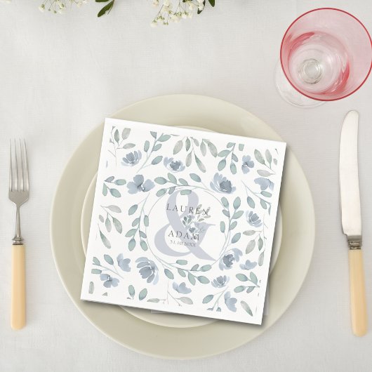 素朴ダスティブルーアンパサンド&フローラ結婚ズ スタンダードカクテルナプキン