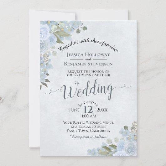 素朴ダスティブルーウォーターフローラシック結婚ズ 招待状 (正面)