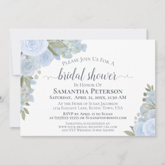 素朴ダスティブルーウォーターフローラブライダルシャワー 招待状 (正面)