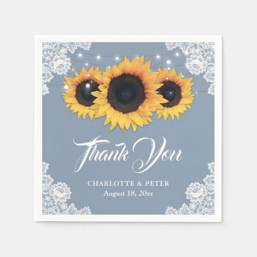 素朴ダスティブルーレースひまわり結婚の スタンダードカクテルナプキン (正面)