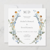 素朴ダスティブルーワイルドフラワーズ&デイジースクエア 招待状 (正面)