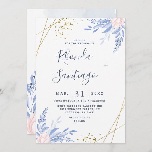 素朴ダスティブルー葉ウォーター金ゴールド結婚ズ 招待状 (正面/裏面)