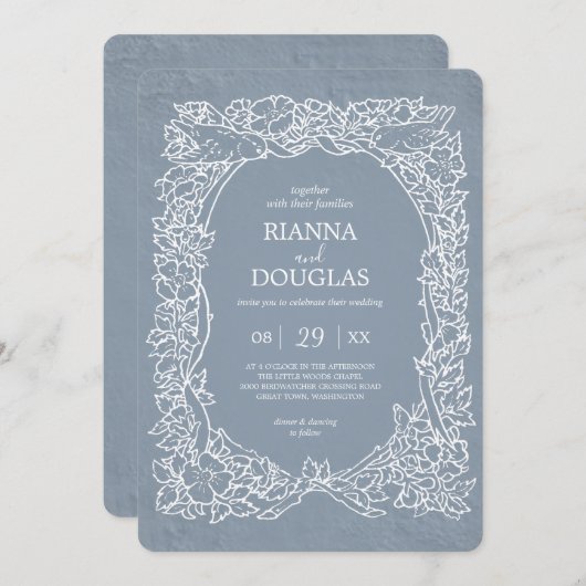 素朴ダスティブルー&ホワイトフローラバードズ結婚ズ 招待状 (正面/裏面)