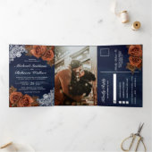 素朴ダスティ自然テラコッタバラネイビー結婚ズ 三つ折り招待状 (内部)