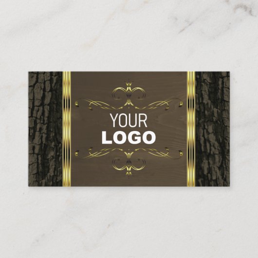 素朴ダークブラウンの樹皮の穀物の金ゴールドのロ縁どゴ 名刺 (正面)