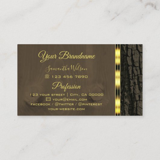 素朴ダークブラウンの樹皮の穀物の金ゴールドのロ縁どゴ 名刺 (裏面)