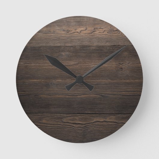 素朴ダークブラウンWOOD LOOKテクスチャ ラウンド壁時計 (正面)