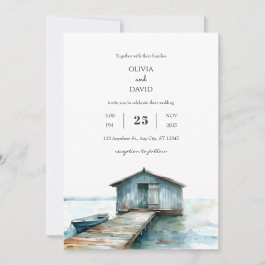 素朴チャームシー航海のボートシェッドビーチ結婚式 招待状 (正面)