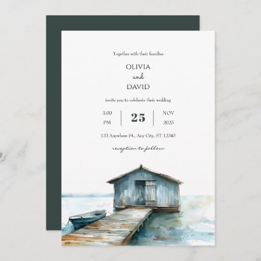 素朴チャームシー航海のボートシェッドビーチ結婚式 招待状 (正面/裏面)