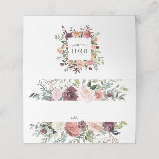 素朴チャームブルゴーニュ赤面ピンクフローラズ結婚ス プレイスカード (外部開封)