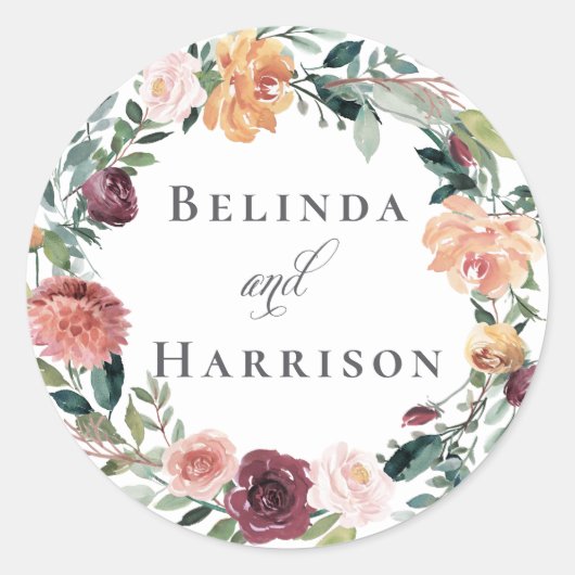 素朴チャームブルゴーニュ赤面ピンクフローラズ結婚ス ラウンドシール (正面)