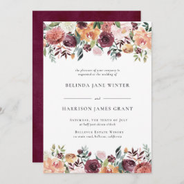 素朴チャームブルゴーニュ赤面ピンクフローラズ結婚ス 招待状