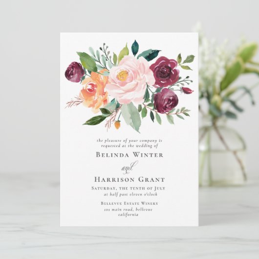 素朴チャームブルゴーニュ赤面ブーケフローラ結婚ズ 招待状 (スタンド正面)