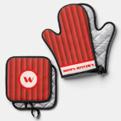 素朴チャーム赤ストライプの 鍋つかみ&鍋敷きセット (正面/裏面)