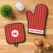 素朴チャーム赤ストライプの 鍋つかみ&鍋敷きセット (トップダウン)