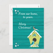 素朴ティール（緑がかった色）ウッドとクリスマスバードハウス シーズンポストカード (正面/裏面)