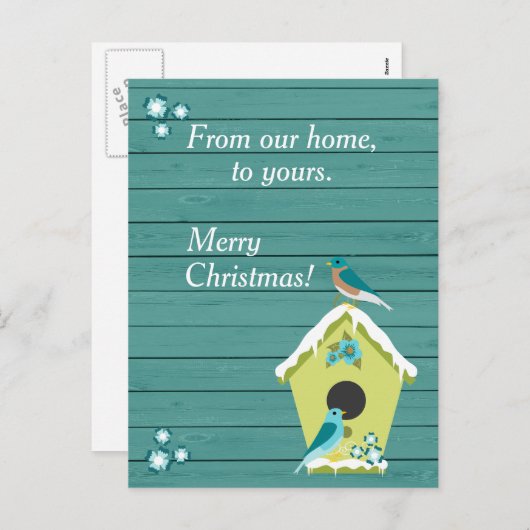素朴ティール（緑がかった色）ウッドとクリスマスバードハウス シーズンポストカード (正面/裏面)