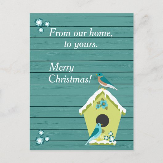 素朴ティール（緑がかった色）ウッドとクリスマスバードハウス シーズンポストカード (正面)