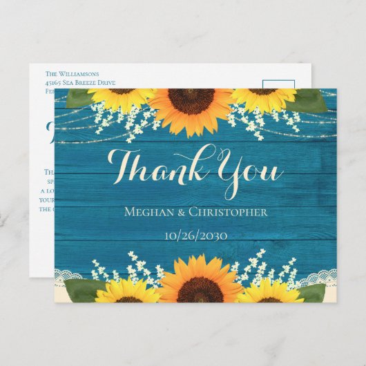 素朴ティール（緑がかった色）ウッドひまわり結婚の感謝 ポストカード (正面/裏面)
