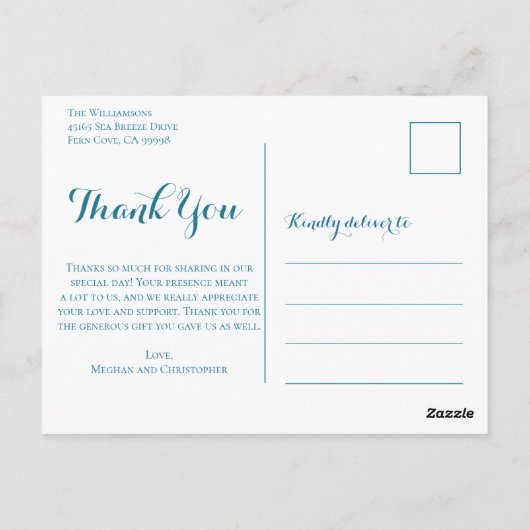 素朴ティール(緑がかった色)ウッドひまわり結婚の感謝 ポストカード (裏面)