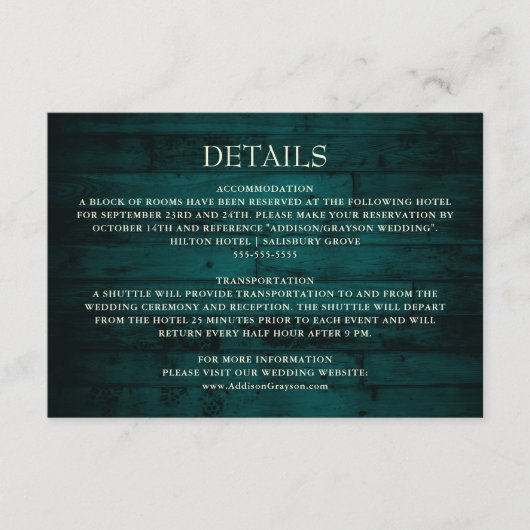 素朴ティール(緑がかった色)ウッドストリングラ結婚イトの詳細 エンクロージャーカード (正面)