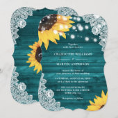 素朴ティール（緑がかった色）ウッドレースサンフラワー結婚ズ 招待状 (正面/裏面)