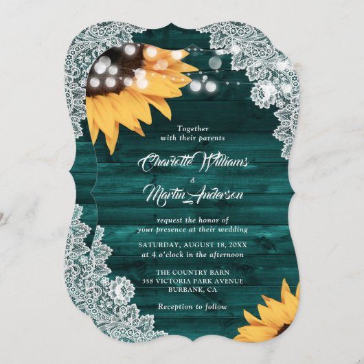 素朴ティール(緑がかった色)ウッドレースサンフラワー結婚ズ 招待状 (正面/裏面)