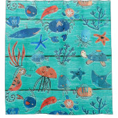 素朴ティール（緑がかった色）ウッド&アンダーザシーフレンズお洒落 シャワーカーテン (正面)