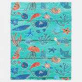 素朴ティール(緑がかった色)ウッド&アンダーザシーフレンズお洒落 フリースブランケット (正面)