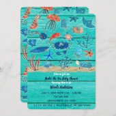 素朴ティール(緑がかった色)ウッド&アンダーザシーフレンズお洒落 招待状 (正面/裏面)