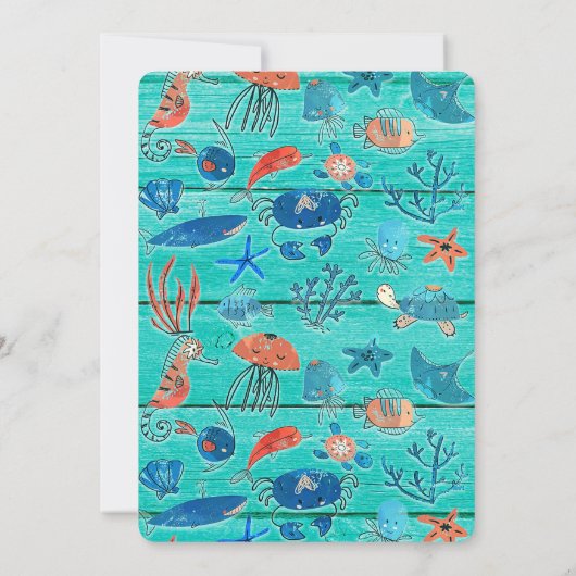 素朴ティール(緑がかった色)ウッド&アンダーザシーフレンズお洒落 招待状 (裏面)