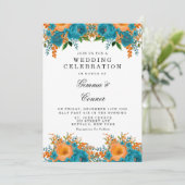 素朴ティール（緑がかった色）オレンジ色の水の色のフローラ結婚の 招待状 (スタンド正面)