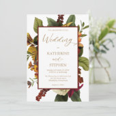 素朴ティール（緑がかった色） |オレンジ |赤フローラ結婚ブーケ 招待状 (スタンド正面)