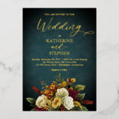 素朴ティール（緑がかった色） |オレンジ |赤フローラ結婚ブーケ 箔招待状 (正面)