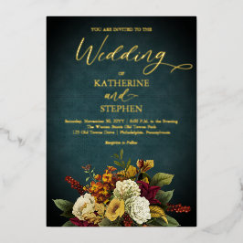 素朴ティール(緑がかった色) |オレンジ |赤フローラ結婚ブーケ 箔招待状