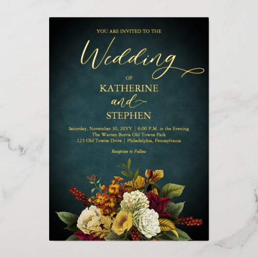 素朴ティール(緑がかった色) |オレンジ |赤フローラ結婚ブーケ 箔招待状 (正面)