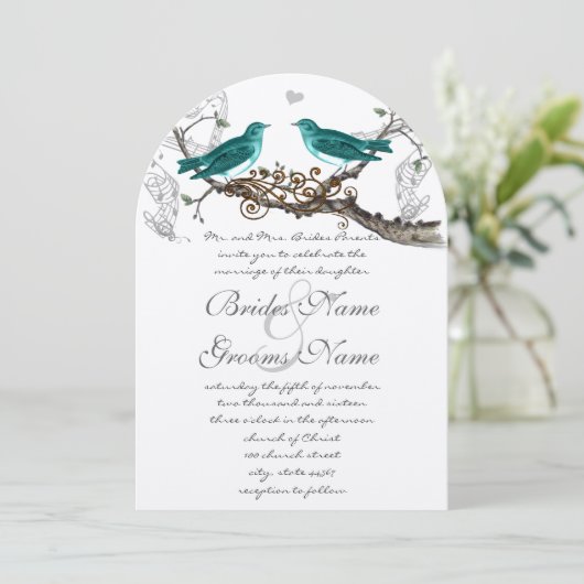 素朴ティール(緑がかった色)グリーンヴィンテージラブバード結婚ズ 招待状 (スタンド正面)