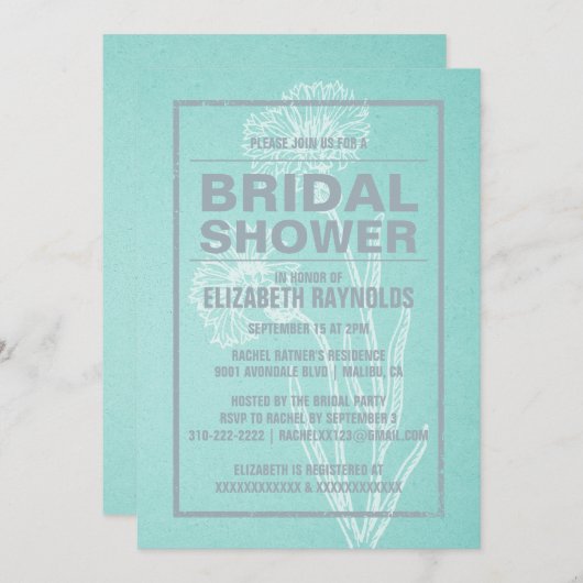素朴ティール（緑がかった色）&シルバーブライダルシャワー招待状 招待状 (正面/裏面)