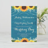 素朴ティール(緑がかった色)ストリングライトレースサンフラワー結婚ズ 招待状 (スタンド正面)