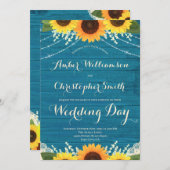 素朴ティール(緑がかった色)ストリングライトレースサンフラワー結婚ズ 招待状 (正面/裏面)