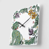 素朴ティール(緑がかった色)ドッグパッピーフローラフォークスタイルタイル スクエア壁時計 (傾斜)