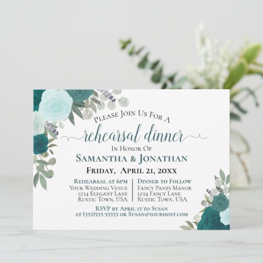 素朴ティール（緑がかった色）バラフローラ結婚のリハーサルディナー 招待状 (スタンド正面)
