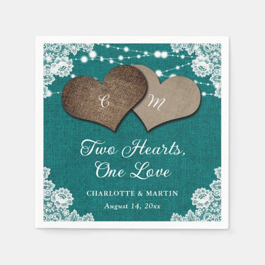 素朴ティール（緑がかった色）バーラップレースストリングラ結婚イト スタンダードカクテルナプキン (正面)