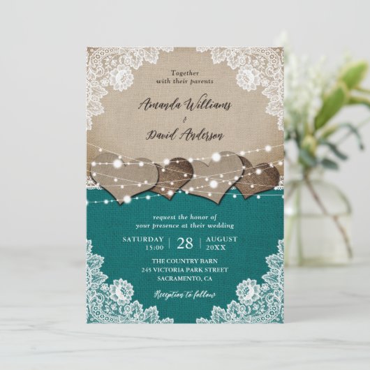 素朴ティール(緑がかった色)バーラップレースストリングラ結婚イト 招待状 (スタンド正面)